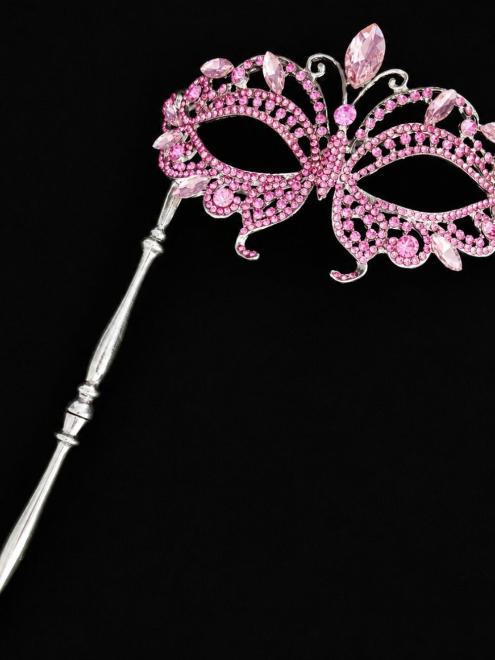 Pink Crystal Masquerade Mask with Silver Stick,Wedding Photo Prop, Prom Mask